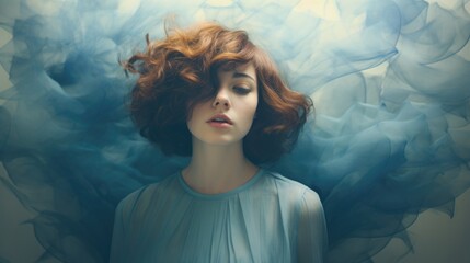 Portrait of a woman with auburn hair surrounded by a floating blue ethereal fabric. - obrazy, fototapety, plakaty