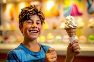a young boy is holding an ice cream cone and smiling