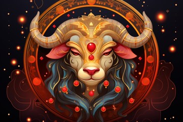 Taurus zodiac sign in vibrant red on black background, vector illustration style