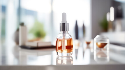 Facial cosmetics neatly arranged in a bathroom setting, portraying a clean and organized skincare routine in a modern home environment.