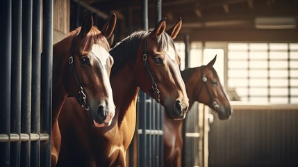 Horses peering out from stable boxes. Concept of equine care, stable management, horse breeding, animal housing, sports equestrian club, farm life, and equine curiosity - obrazy, fototapety, plakaty