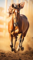 Horse galloping in a sandy arena. Concept of freedom, power, equine grace, sports equestrian club, horse training. Vertical.