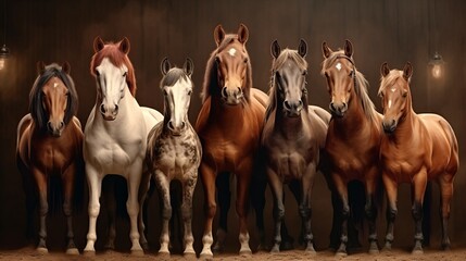 Lineup of majestic horses against a dark backdrop. Concept of equine beauty, horse breeds showcase, animal portraiture, horsemanship, breed variety, performance, show preparation.