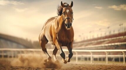 Horse galloping in a sandy arena. Concept of freedom, power, equine grace, sports equestrian club, horse training - obrazy, fototapety, plakaty