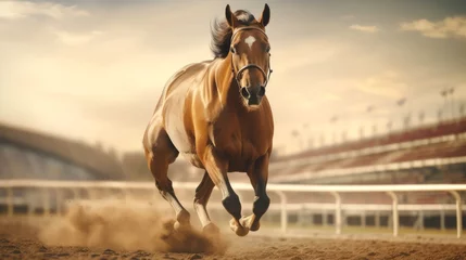 Poster Horse galloping in a sandy arena. Concept of freedom, power, equine grace, sports equestrian club, horse training © Jafree