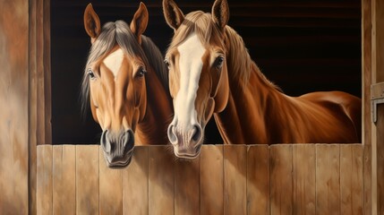 Horses peering out from stable boxes. Concept of equine care, stable management, horse breeding, animal housing, sports equestrian club, farm life.