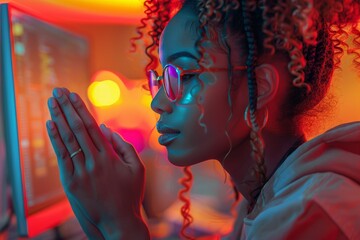 A devout woman with curly locks and spectacles bows her head in prayer, her human face radiating with faith and sincerity - obrazy, fototapety, plakaty