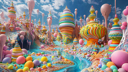 surreal and crazy happy easter world with colorful fantasy eggs - obrazy, fototapety, plakaty