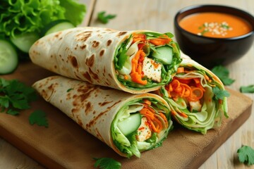 Fresh vegetable wrap with tofu and spicy sauce.