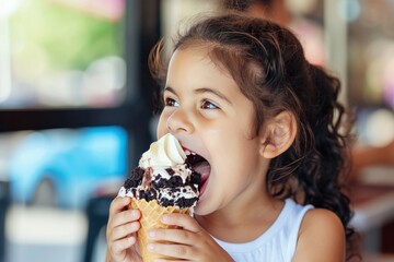 a little girl is eating an ice cream cone in a restaurant - obrazy, fototapety, plakaty