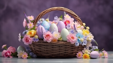 Wicker basket with beautiful spring flowers surrounded by Easter eggs.