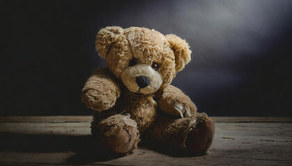  An old and worn sad looking Teddy bear sitting next to a wall. psychological difficulties, sadness, and anxiety concept in childs.