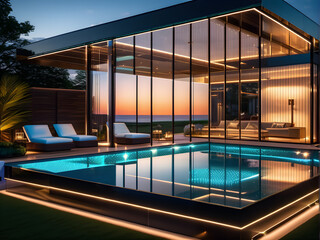 A Night to Remember: Glowing Luxury Swimming Pool Adjacent to a Glass House - obrazy, fototapety, plakaty