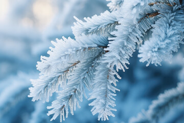 Pine branches covered with rime. Natural winter background. Winter nature. Snowy forest. Christmas background. Generative AI