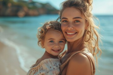 Fototapeta na wymiar Joyful Mother and Daughter on the Beach