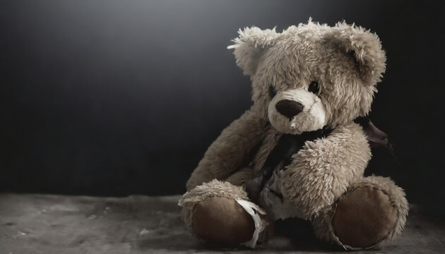 An old and worn sad looking Teddy bear sitting next to a wall. psychological difficulties, sadness, and anxiety concept in childs.