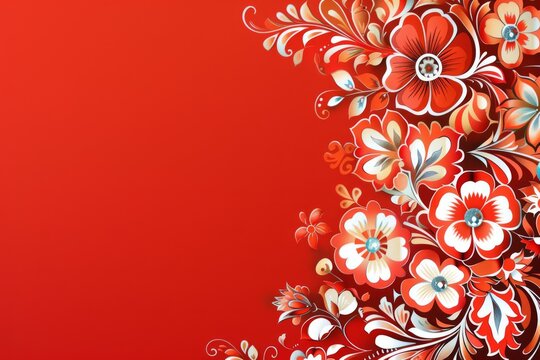 Decorative floral border design on red background with copy space. Traditional ethnic ornament. Slavic and russian style. Design for greeting card, invitation