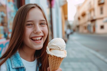 Blond girl happily holding an ice cream cone and smiling - obrazy, fototapety, plakaty