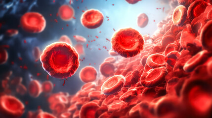 Fototapeta premium Red blood cells magnified under a microscope, illustrating vital aspects of life, biology, and medical research, forming a compelling scientific backdrop.