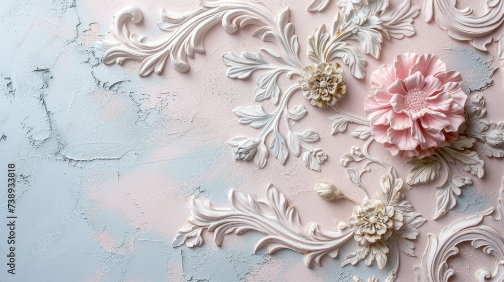 Wall mural textured pink relief with ornate florals