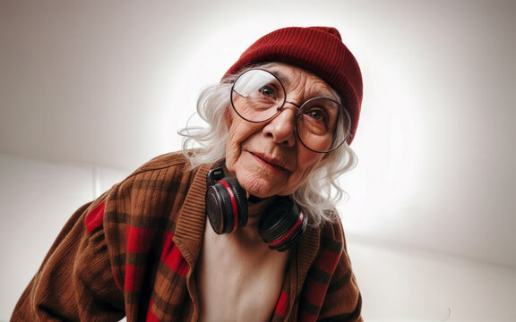 Stylish portrait with grunge elements depicting an old lady in a red hat, plaid shirt and headphones