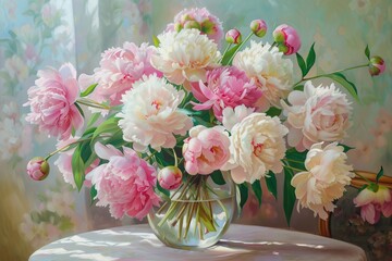Illustration of bouquet of peony flowers in vase