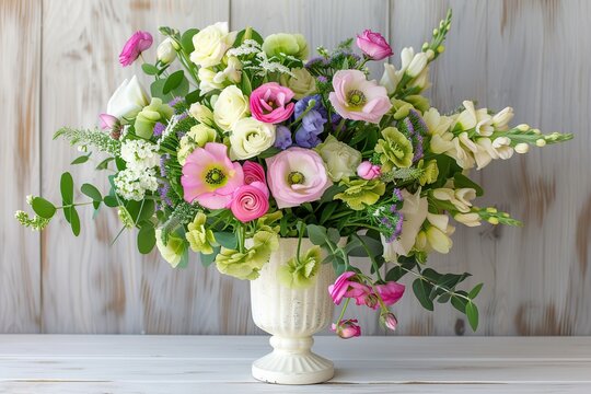 Fresh cut spring flowers in vase on wooden background