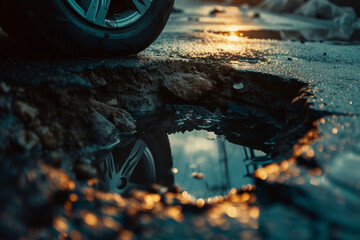 Close up of a car tyre next to a pothole in the road