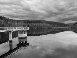 bridge over falkenstein dam, vogtland saxony germany black and white photography