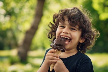 a young boy is eating an ice cream cone in a park