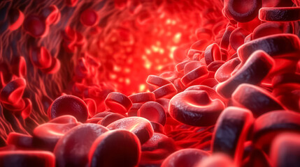 Fototapeta premium Red blood cells magnified under a microscope, illustrating vital aspects of life, biology, and medical research, forming a compelling scientific backdrop.