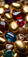 Close-up of gold nuggets mixed with precious stones. Selective focus. Success, business and store concept.