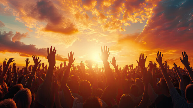 Silhouette of a Crowd Cheering at a Large Concert with a sunset view - 8K extremely detailed image.