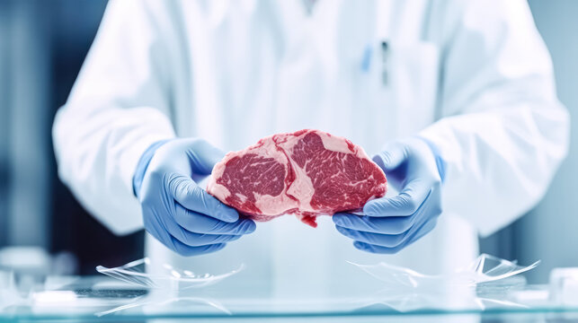 A hand in a glove delicately holds a meat sample in a plastic cell culture dish, showcasing clean cell based meat for scientific research.