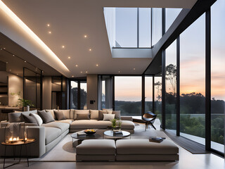 Modern Living Room in Luxury Villa with Beige Leather Couch