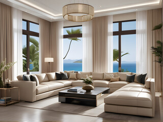 Luxurious Living Room with Beige Leather Couch in Modern Villa