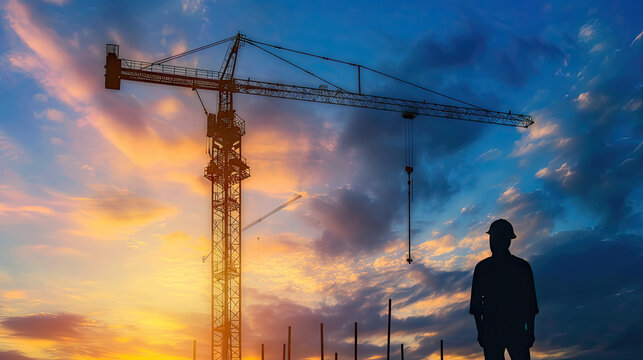 Silhouette of Construction Worker with Crane and Clouds, a construction site with a crane sunset view