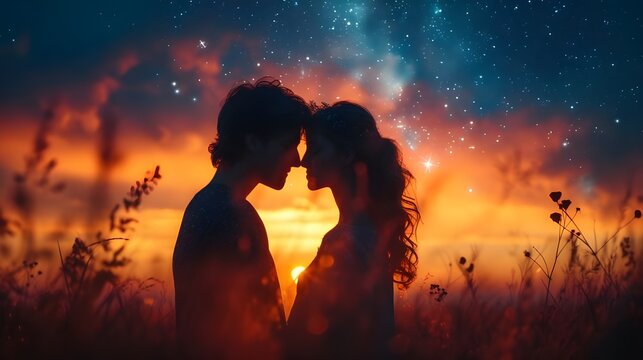 Love and romance against a beautiful sky background. A couple in love hugs and looks at fabulous clouds. The concept of conveying the romantic feelings of lovers using the sky. Air clouds.