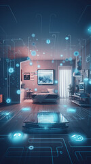 Smart home with connected electronic devices and app icons around. Futuristic smart house controlled with AI technology system. Modern luxury living place interior. Internet of things concept.	