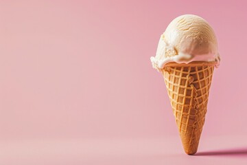 A vanilla ice cream scoop in a cone on a pink background