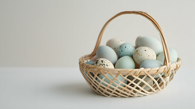 A stunningly clear image capturing the texture and craftsmanship of an Easter egg basket, with pastel-colored eggs nestled within against a clean white surface