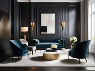 modern living room with fireplace and greenish color armchairs with a coffee table