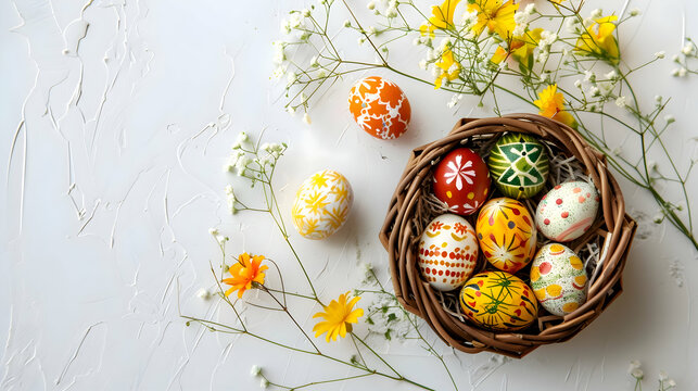 A stunning visual of an Easter egg basket radiating with festive colors and patterns, positioned elegantly against a backdrop of pure white for maximum contrast