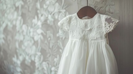 Elegant White Baby Baptism Dress on Wooden Hanger