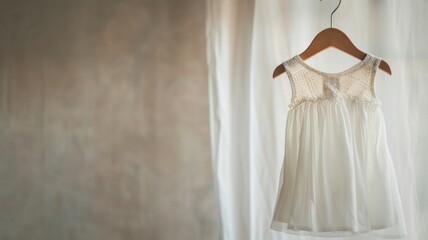 Elegant White Baby Baptism Dress on Wooden Hanger