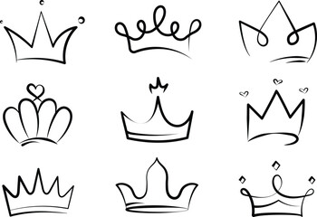 Line art king or queen crown sketch, beautiful diadem and luxurious decals vector illustration set.