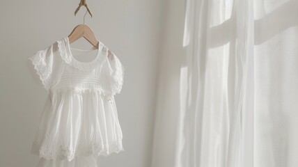 Elegant White Baby Baptism Dress on Wooden Hanger