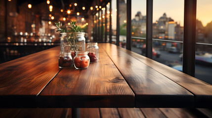 A pristine wooden tabletop rests in a modern kitchen, its surface smooth and inviting. Against a backdrop of soft, blurred lights, the scene exudes cleanliness and brightness. - obrazy, fototapety, plakaty