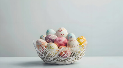 A stunning visual of an Easter egg basket radiating with festive colors and patterns, positioned elegantly against a backdrop of pure white for maximum contrast
