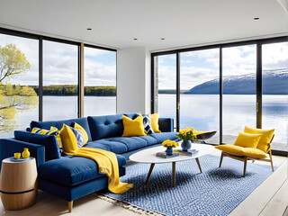 Vivid Blue Sofa Pops in Scandinavian Modern Living Room Interior
